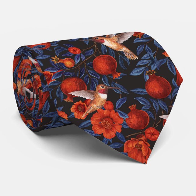 Pomegranates and hummingbirds/blue leaves on black tie (Rolled)
