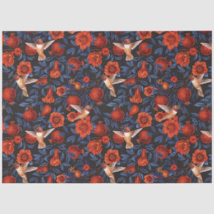 Pomegranates and hummingbirds/blue leaves on black tissue paper