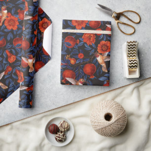 Pomegranates and hummingbirds/blue leaves on black wrapping paper