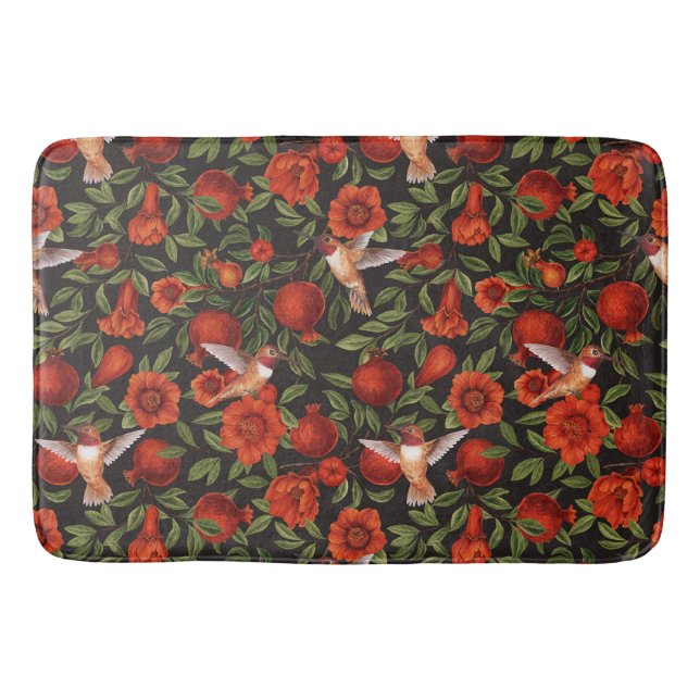 Pomegranates and hummingbirds/green leaves on blac bath mat (Front)