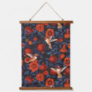 Pomegranates and hummingbirds/green leaves on blac hanging tapestry