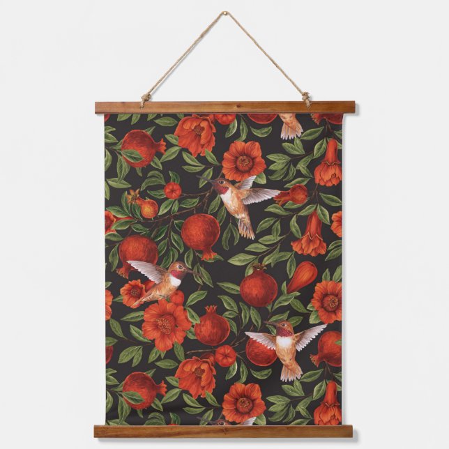 Pomegranates and hummingbirds/green leaves on blac hanging tapestry (Front)