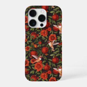 Pomegranates and hummingbirds/green leaves on blac iPhone 16 pro case