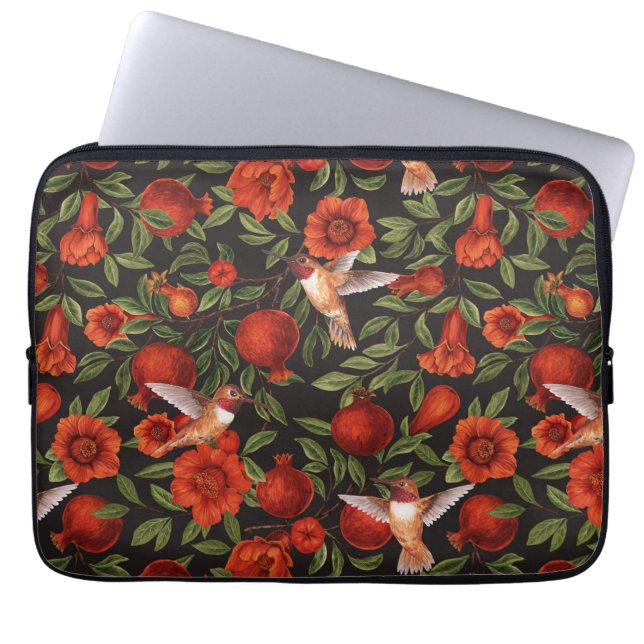 Pomegranates and hummingbirds/green leaves on blac laptop sleeve (Front)