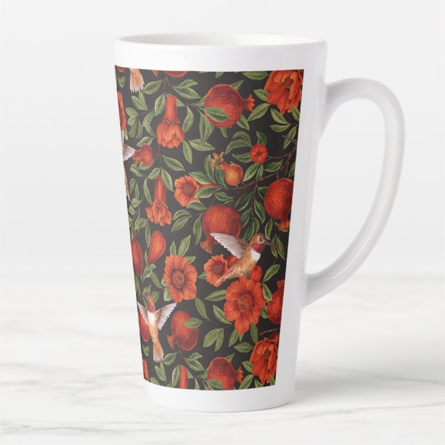 Pomegranates and hummingbirds/green leaves on blac latte mug (Right)