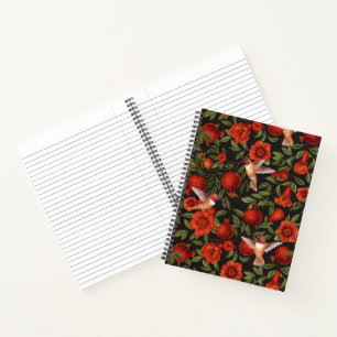 Pomegranates and hummingbirds/green leaves on blac notebook
