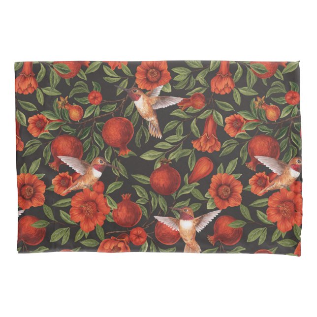 Pomegranates and hummingbirds/green leaves on blac pillowcase (Front-Left)