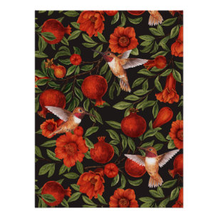 Pomegranates and hummingbirds/green leaves on blac poster