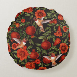 Pomegranates and hummingbirds/green leaves on blac round cushion