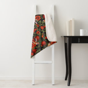 Pomegranates and hummingbirds/green leaves on blac sherpa blanket