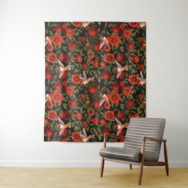 Pomegranates and hummingbirds/green leaves on blac tapestry (In Situ)