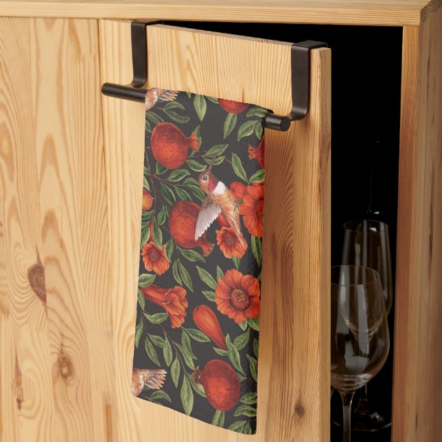 Pomegranates and hummingbirds/green leaves on blac tea towel (Thirds Fold)