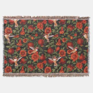 Pomegranates and hummingbirds/green leaves on blac throw blanket