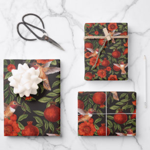 Pomegranates and hummingbirds/green leaves on blac wrapping paper sheet
