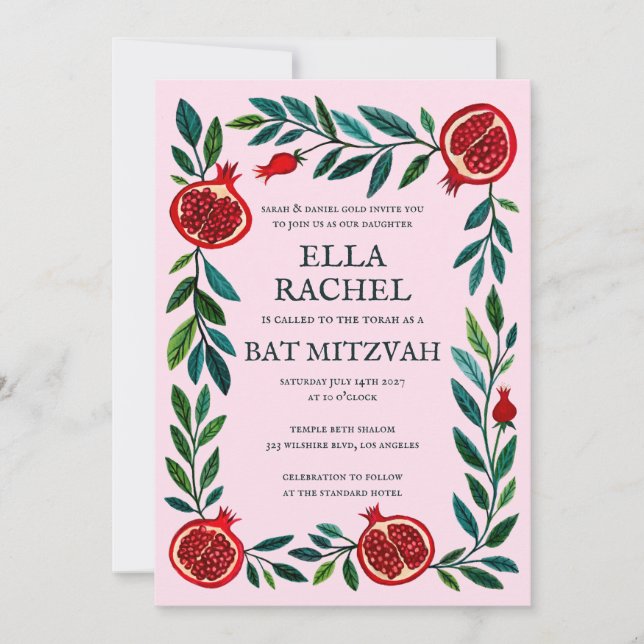 Pomegranates Custom Bat Bar Mitzvah Watercolor Invitation (Front)