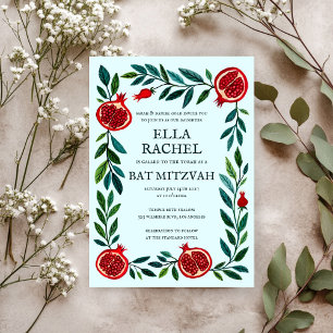 Pomegranates Custom Bat Bar Mitzvah Watercolor Invitation