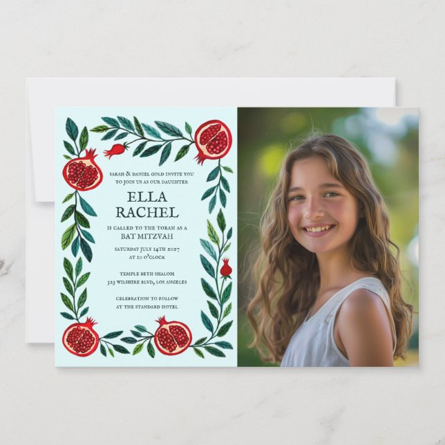 Pomegranates Custom PHOTO B'nai Bat Bar Mitzvah Invitation (Front)