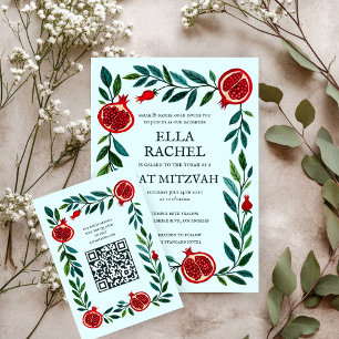 Pomegranates Custom QR Bat Bar Mitzvah Watercolor Enclosure Card
