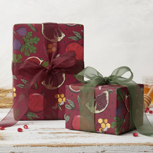 Pomegranates, Figs and Honey Bees Burgundy Wrapping Paper