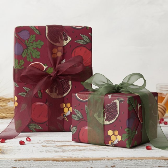 Pomegranates, Figs and Honey Bees Burgundy Wrapping Paper (Modern Burgundy Fruit Wrapping Paper.  Pretty Pomegranates, Figs & Bees Pattern for Jewish New Year.)