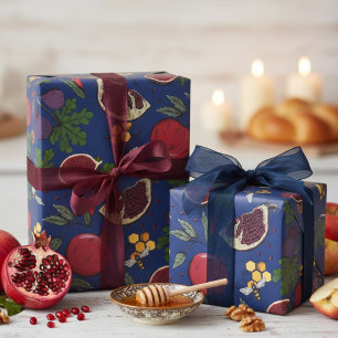 Pomegranates, Figs and Honey Bees Navy Blue Wrapping Paper