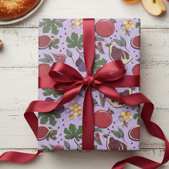 Pomegranates, Figs and Honey Bees Purple Wrapping Paper (Purple and Red Jewish Rosh Hashanah Gift Wrap. Elegant Pomegranate & Fig Fruit & Honey Bees Pattern)