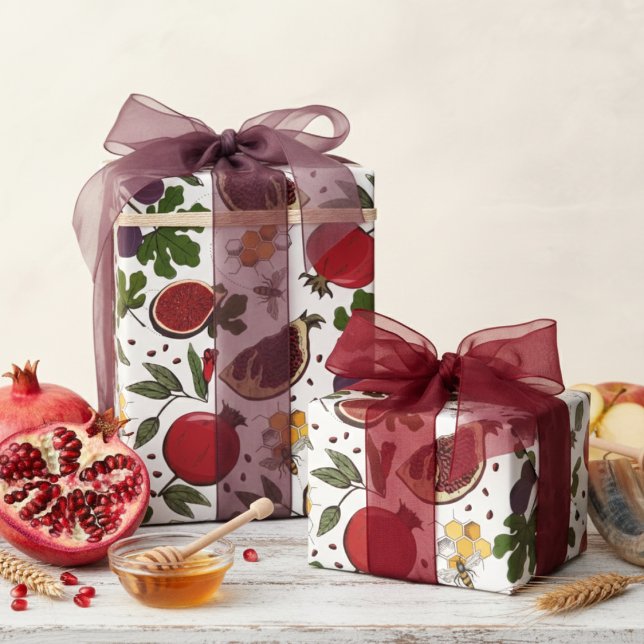 Pomegranates, Figs and Honey Bees Wrapping Paper (Pretty Botanical Pomegranate Fruit, Figs, Honey Bees, Honeycomb Wrapping Paper. Jewish Rosh Hashanah)