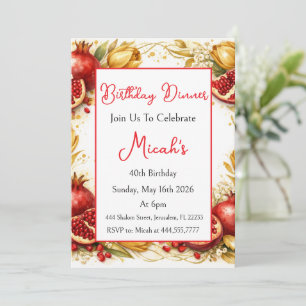 Pomegranates Tulips Gold Red Modern Luxe Birthday Invitation