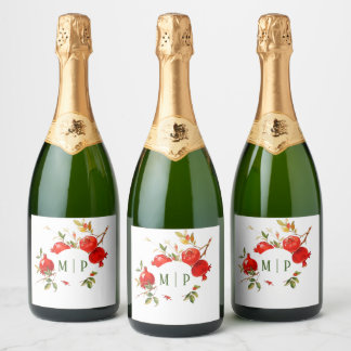 Pomegranates watercolor theme Bright colours Sparkling Wine Label