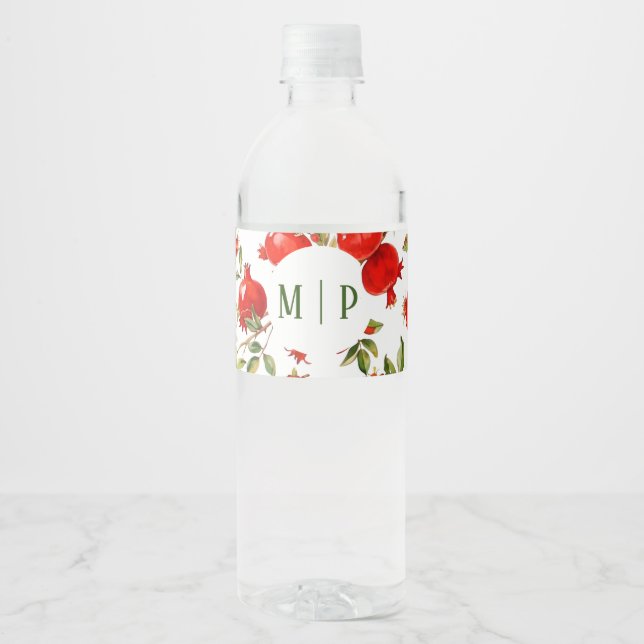 Pomegranates watercolor theme Bright colours Water Bottle Label (Front)