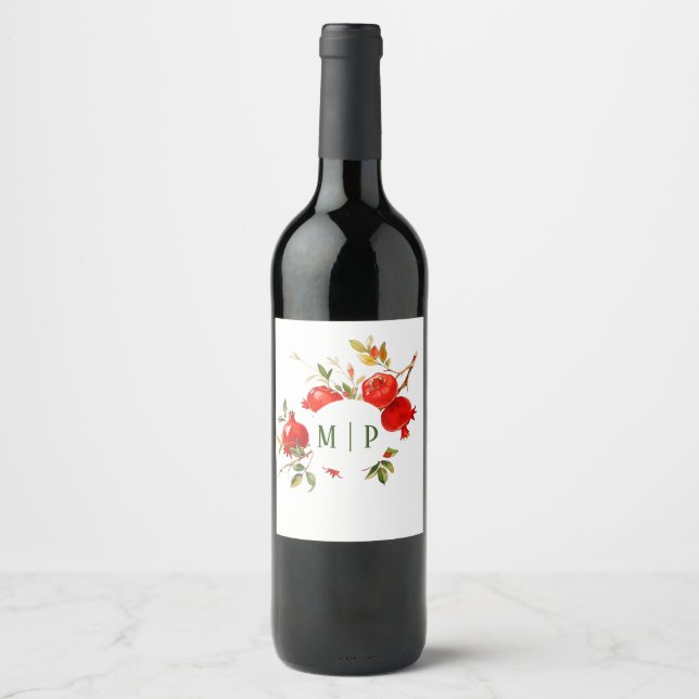Pomegranates watercolor theme Bright colours Wine Label (Front)
