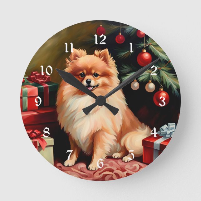 Pomerainian Christmas Round Clock (Front)