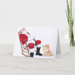 Pomeranian and Santa Claus Dog Art Christmas Card