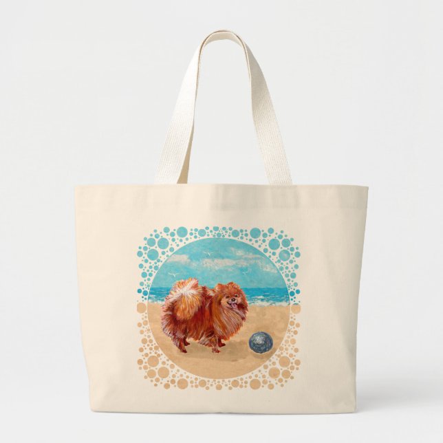 Pomeranian at the Seashore Large Tote Bag (Front)