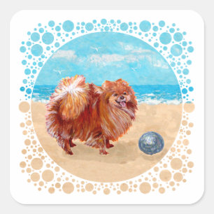 Pomeranian at the Seashore Square Sticker