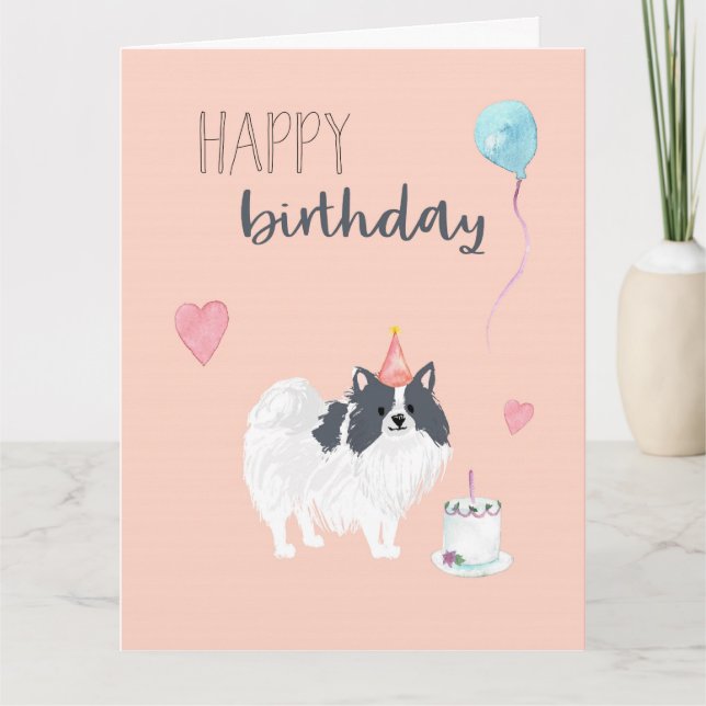Pomeranian birthday card (black and white) (Front)