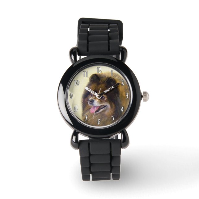 Pomeranian Black and Tan Painting Original Dog Art Watch (Front)
