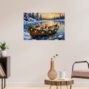 Pomeranian Christmas Boat Holiday Poster