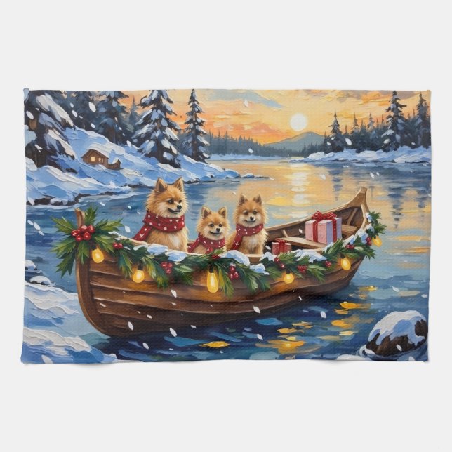 Pomeranian Christmas Boat Holiday Tea Towel (Horizontal)