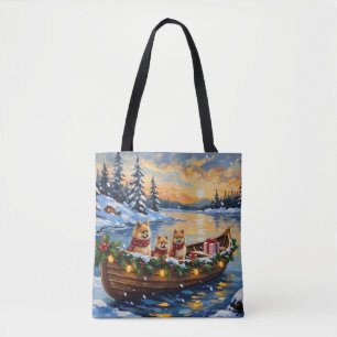 Pomeranian Christmas Boat Holiday Tote Bag