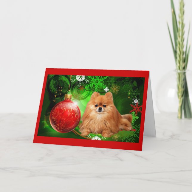 Pomeranian  Christmas Card Red Ball Green (Front)