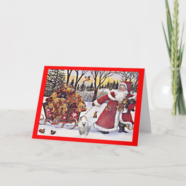 Pomeranian Christmas Card Santa and Bears (Front)