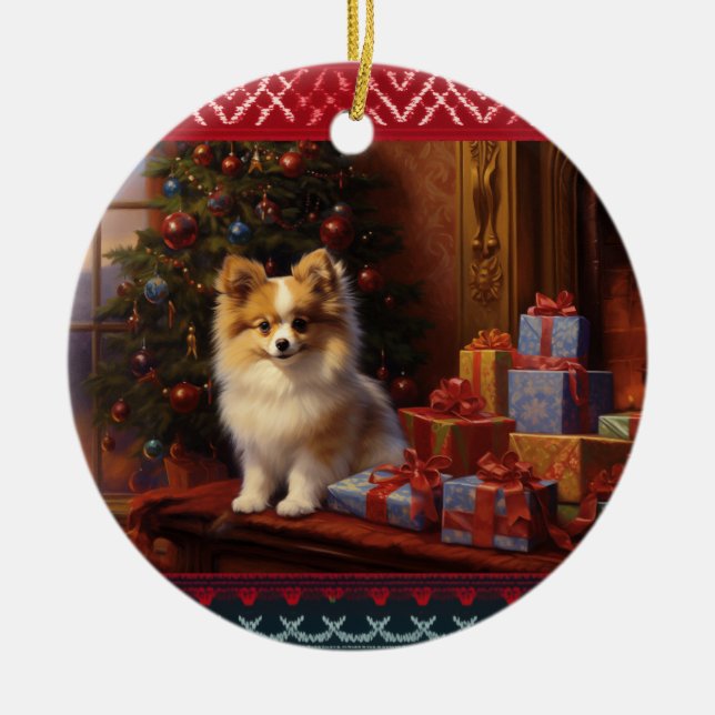 Pomeranian Christmas Ceramic Tree Decoration (Front)