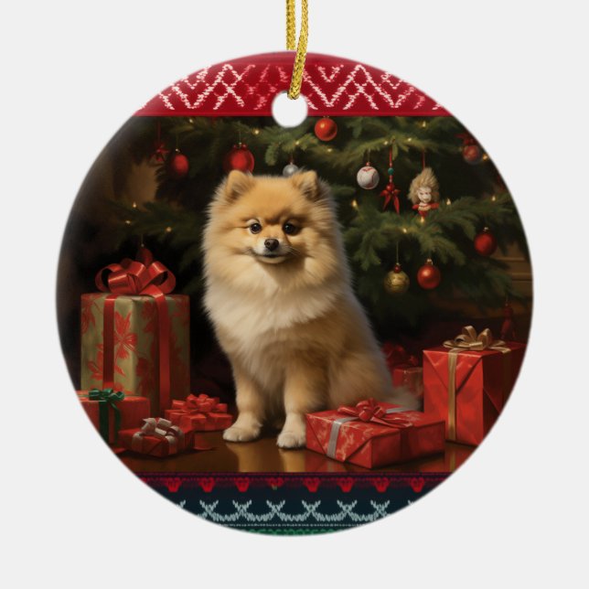 Pomeranian Christmas Ceramic Tree Decoration (Front)