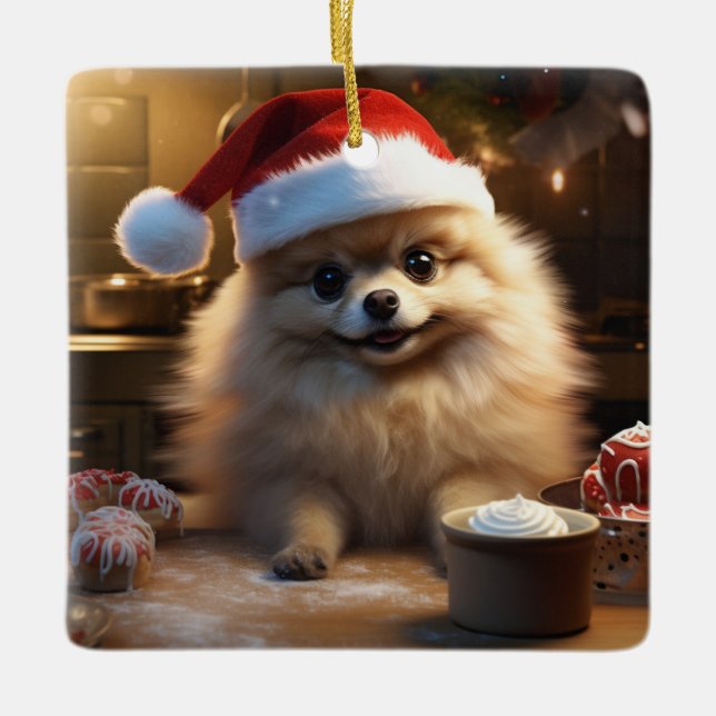 Pomeranian Christmas Cookies Festive Holiday Ceramic Ornament (Front)