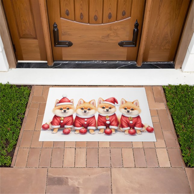 Pomeranian Christmas Dress Santa Hat Doormat (Outdoor)