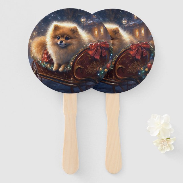 Pomeranian Christmas Festive Season Brushed  Hand Fan (Front and Back)