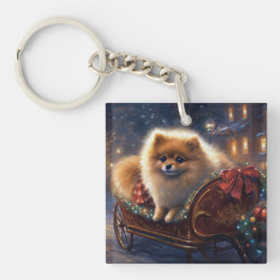 Pomeranian Christmas Festive Season Brushed  Key Ring