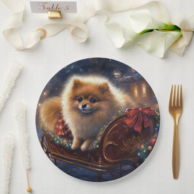 Pomeranian Christmas Festive Season Brushed  Paper Plate (Wedding)
