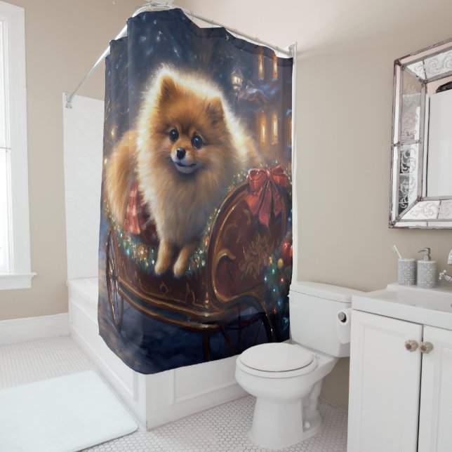 Pomeranian Christmas Festive Season Brushed  Shower Curtain (In Situ)